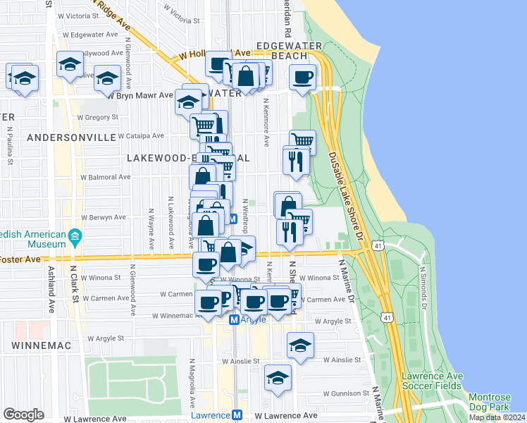 map of restaurants, bars, coffee shops, grocery stores, and more near 5320 North Kenmore Avenue in Chicago