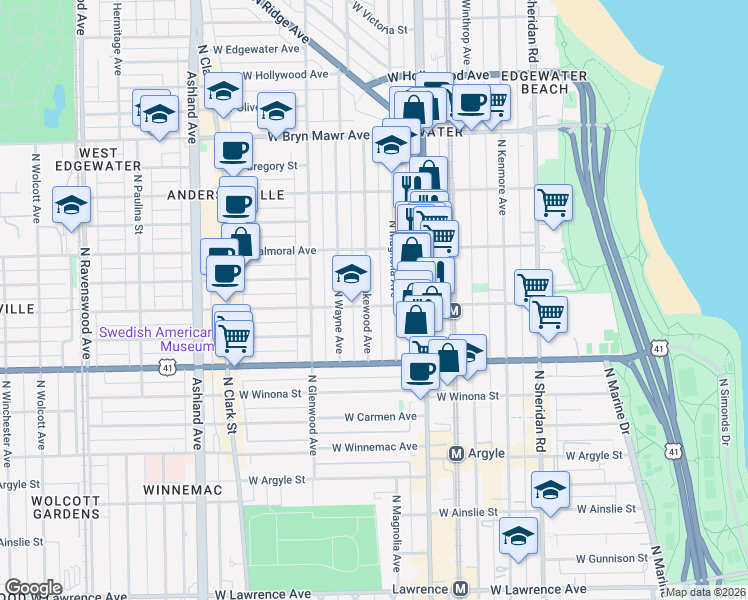 map of restaurants, bars, coffee shops, grocery stores, and more near 5326 North Magnolia Avenue in Chicago