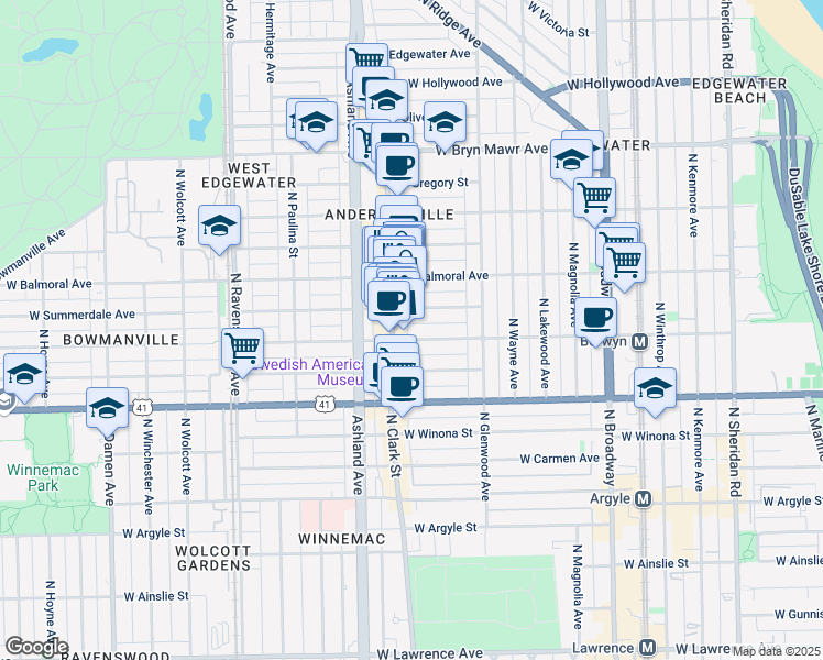 map of restaurants, bars, coffee shops, grocery stores, and more near 1466 West Summerdale Avenue in Chicago