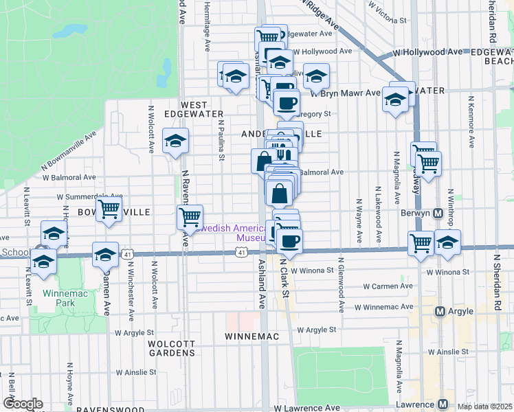 map of restaurants, bars, coffee shops, grocery stores, and more near 1620 West Summerdale Avenue in Chicago
