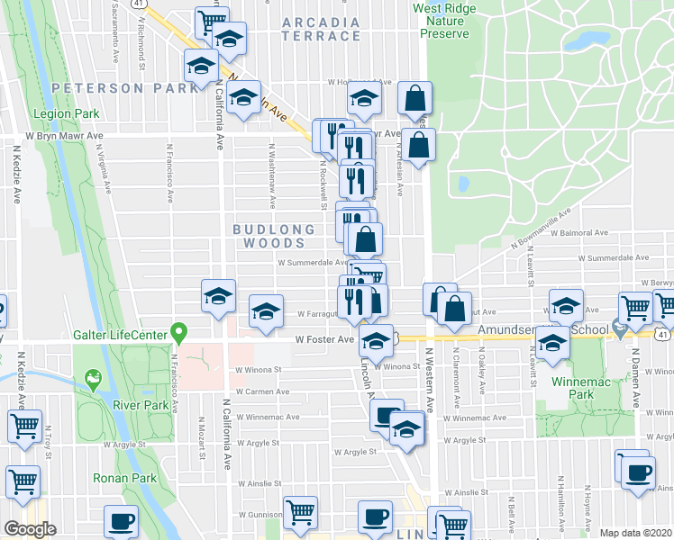 map of restaurants, bars, coffee shops, grocery stores, and more near 5346 North Lincoln Avenue in Chicago