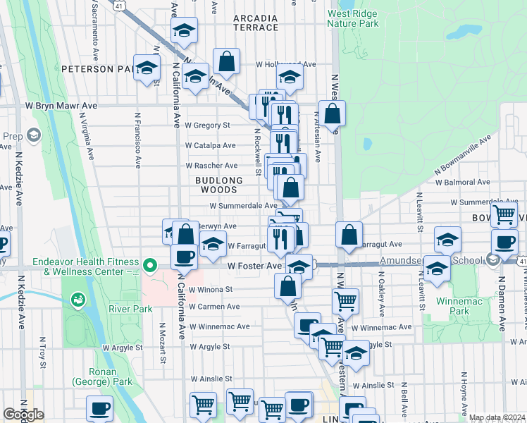 map of restaurants, bars, coffee shops, grocery stores, and more near 5350 North Rockwell Street in Chicago