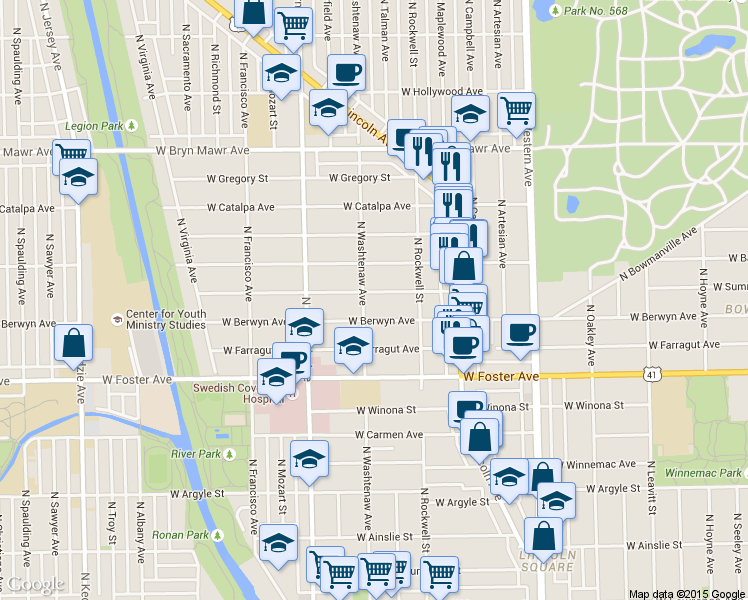 map of restaurants, bars, coffee shops, grocery stores, and more near in Chicago