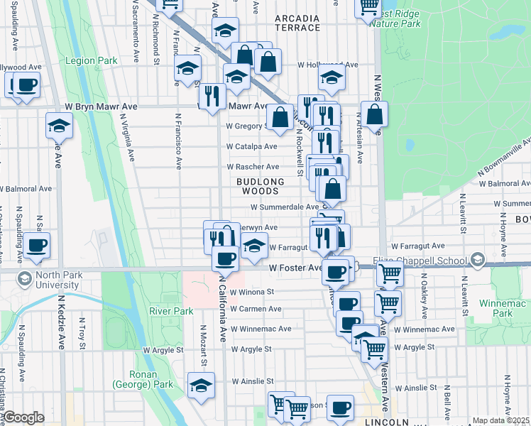 map of restaurants, bars, coffee shops, grocery stores, and more near in Chicago