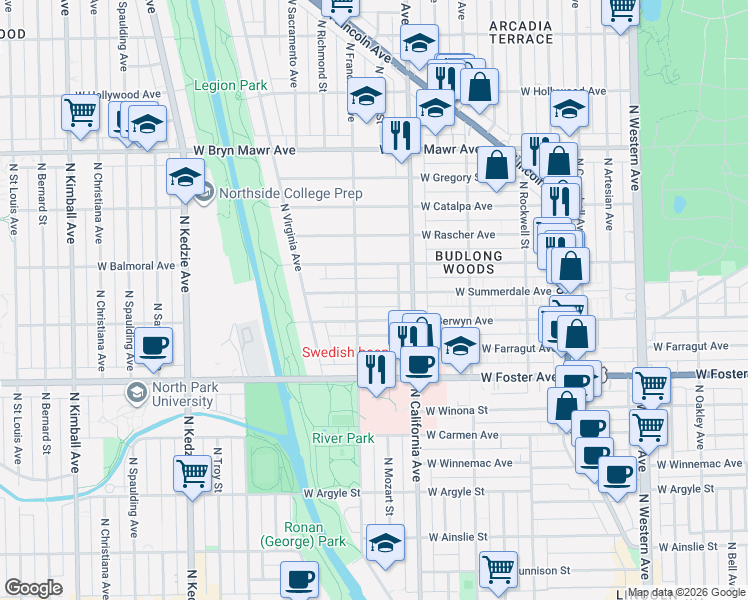 map of restaurants, bars, coffee shops, grocery stores, and more near 2836 West Summerdale Avenue in Chicago