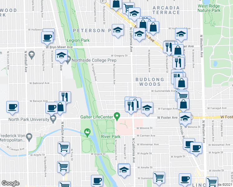 map of restaurants, bars, coffee shops, grocery stores, and more near 2836 West Summerdale Avenue in Chicago