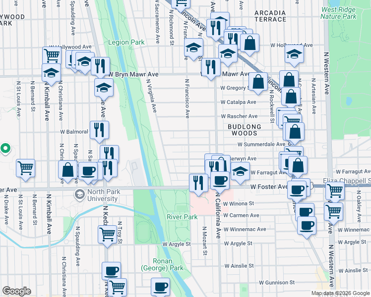 map of restaurants, bars, coffee shops, grocery stores, and more near 2911 West Balmoral Avenue in Chicago