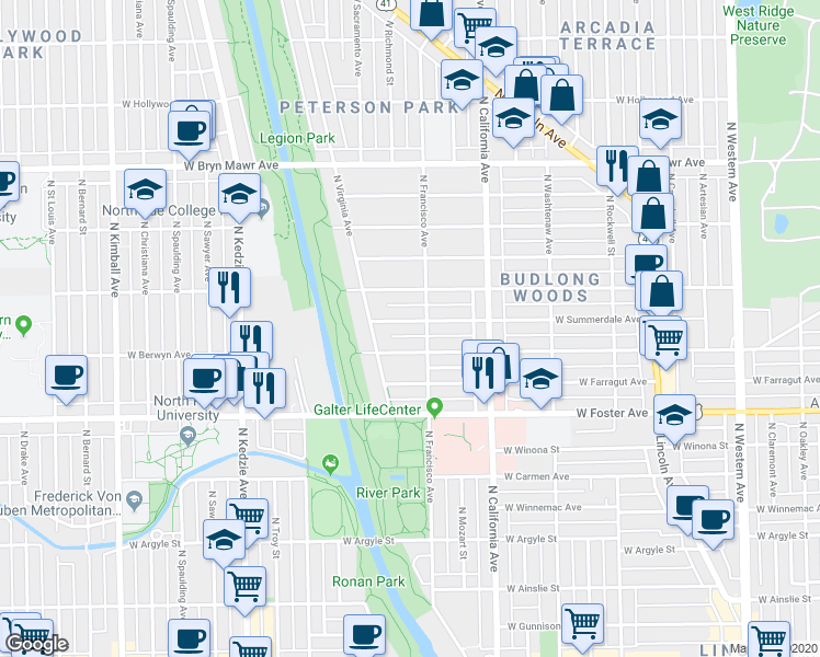map of restaurants, bars, coffee shops, grocery stores, and more near 2911 West Balmoral Avenue in Chicago