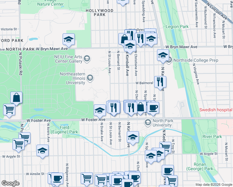 map of restaurants, bars, coffee shops, grocery stores, and more near 5349 North Saint Louis Avenue in Chicago