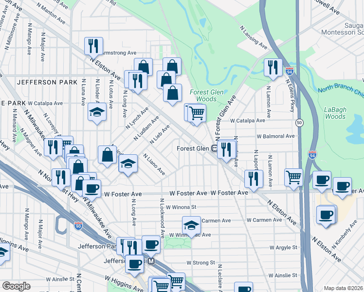 map of restaurants, bars, coffee shops, grocery stores, and more near 5372 North Latrobe Avenue in Chicago