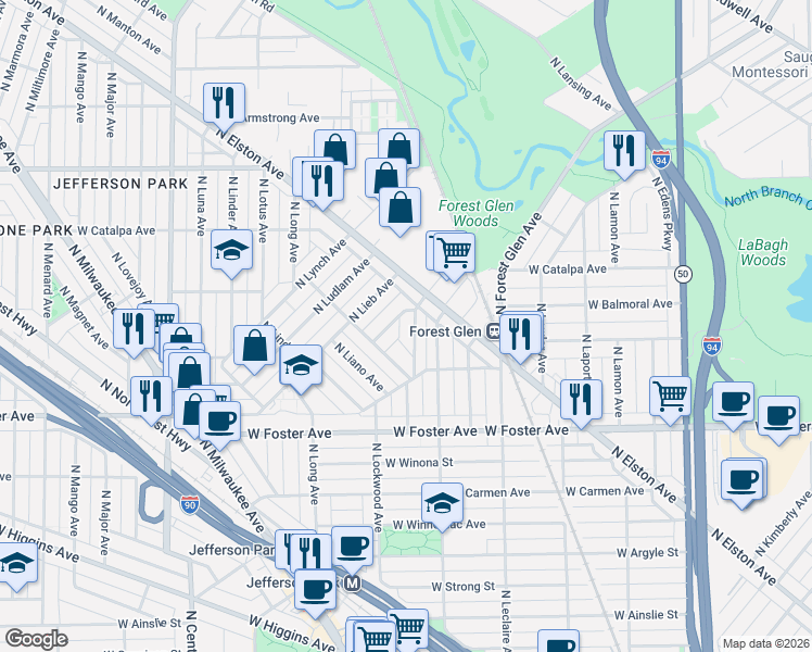 map of restaurants, bars, coffee shops, grocery stores, and more near 5372 North Latrobe Avenue in Chicago