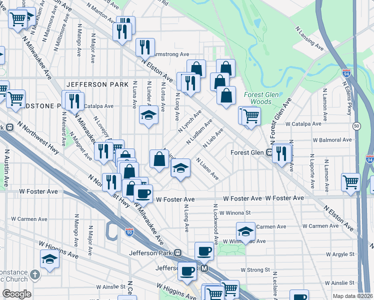 map of restaurants, bars, coffee shops, grocery stores, and more near 5421 North Larned Avenue in Chicago