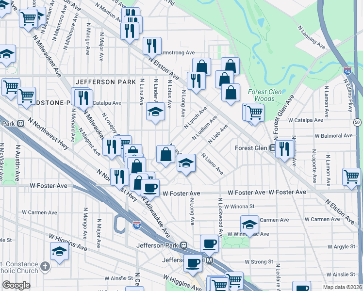 map of restaurants, bars, coffee shops, grocery stores, and more near 5373 North Lynch Avenue in Chicago