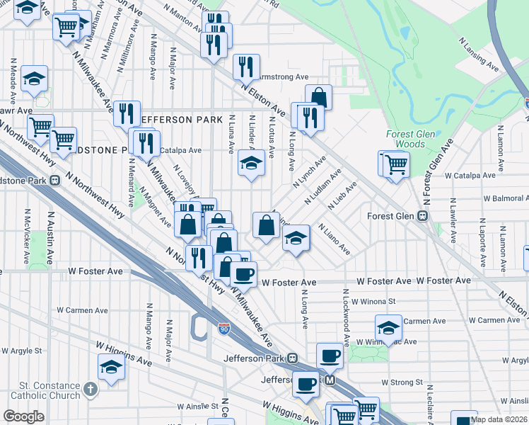map of restaurants, bars, coffee shops, grocery stores, and more near 5356 North Lotus Avenue in Chicago
