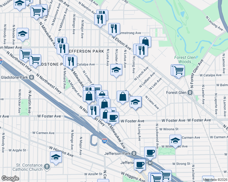 map of restaurants, bars, coffee shops, grocery stores, and more near 5354 North Linder Avenue in Chicago
