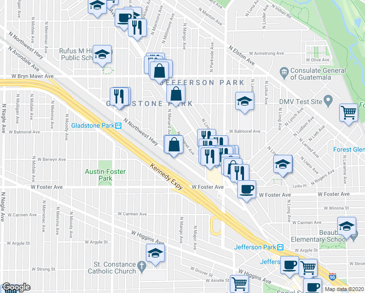 map of restaurants, bars, coffee shops, grocery stores, and more near 5421 North Menard Avenue in Chicago