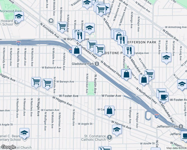 map of restaurants, bars, coffee shops, grocery stores, and more near 5340 North Austin Avenue in Chicago