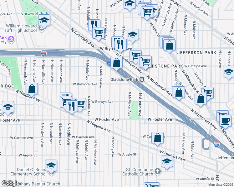 map of restaurants, bars, coffee shops, grocery stores, and more near 5350 North Meade Avenue in Chicago