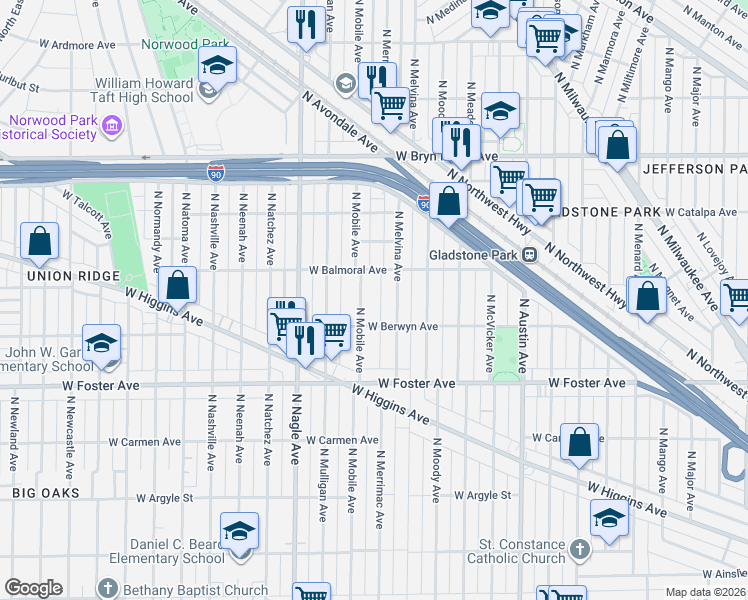 map of restaurants, bars, coffee shops, grocery stores, and more near 5351 North Mobile Avenue in Chicago