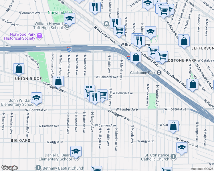 map of restaurants, bars, coffee shops, grocery stores, and more near 5353 North Mulligan Avenue in Chicago