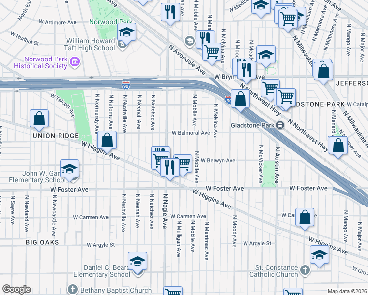 map of restaurants, bars, coffee shops, grocery stores, and more near 5353 North Mulligan Avenue in Chicago