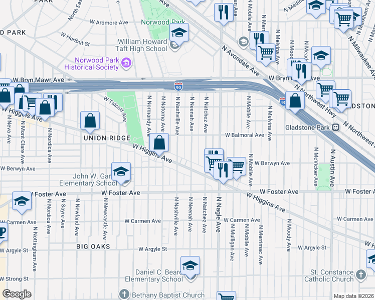 map of restaurants, bars, coffee shops, grocery stores, and more near 5354 North Neenah Avenue in Chicago