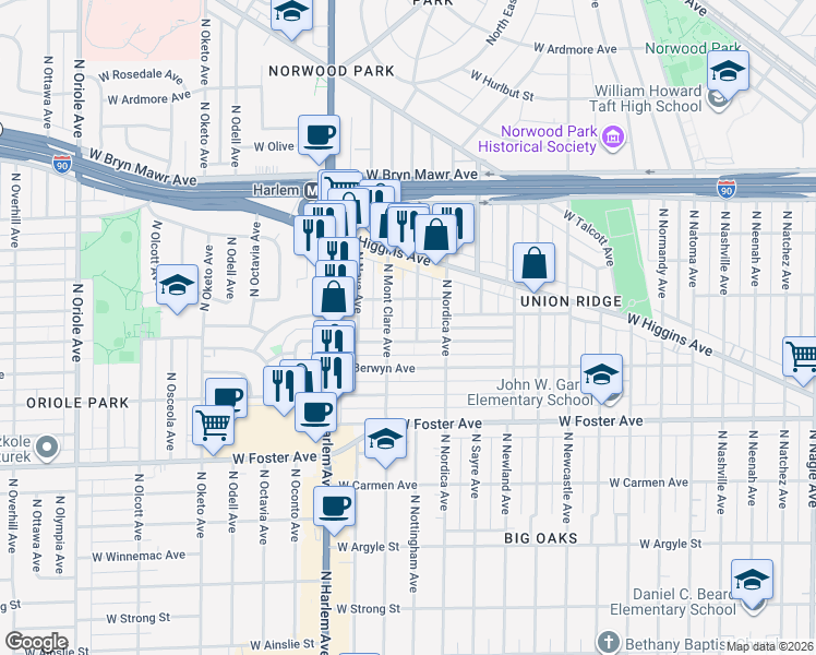 map of restaurants, bars, coffee shops, grocery stores, and more near 5369 West Balmoral Avenue in Chicago