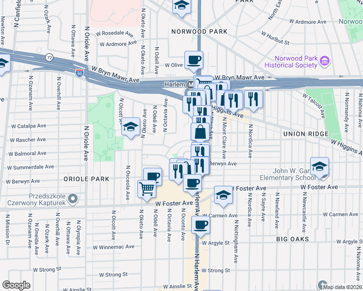 map of restaurants, bars, coffee shops, grocery stores, and more near 5427 North Oconto Avenue in Chicago