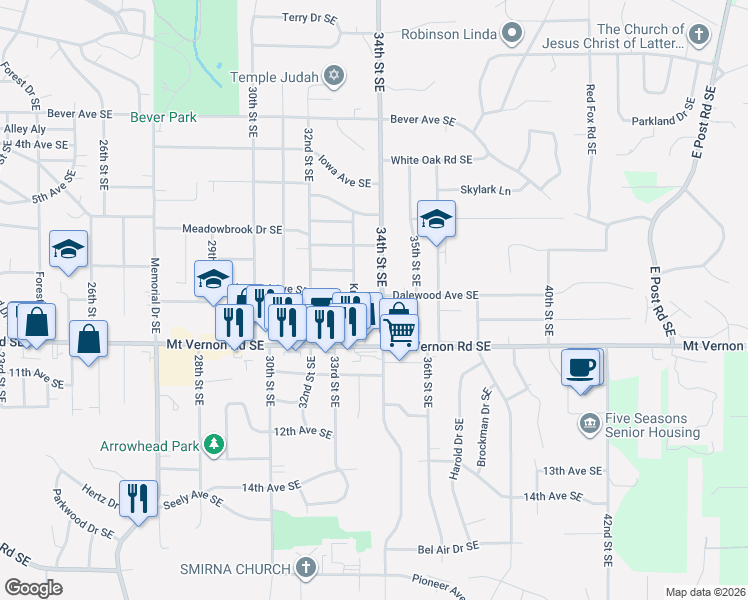 map of restaurants, bars, coffee shops, grocery stores, and more near 651 34th St SE in Cedar Rapids
