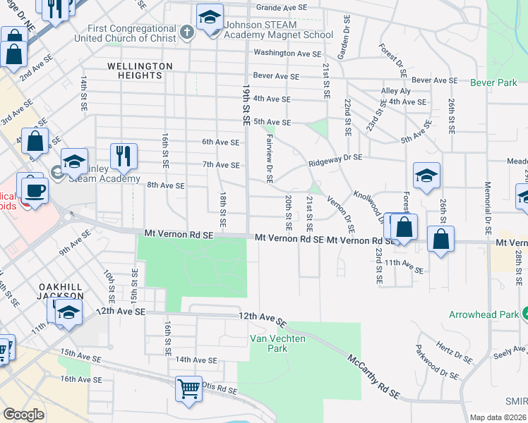 map of restaurants, bars, coffee shops, grocery stores, and more near 1901 8th Avenue Southeast in Cedar Rapids