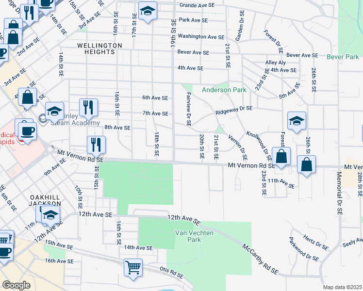map of restaurants, bars, coffee shops, grocery stores, and more near 1901 8th Avenue Southeast in Cedar Rapids