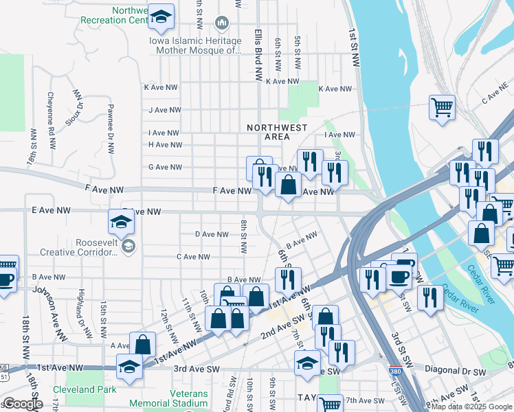 map of restaurants, bars, coffee shops, grocery stores, and more near 701 Ellis Boulevard Northwest in Cedar Rapids