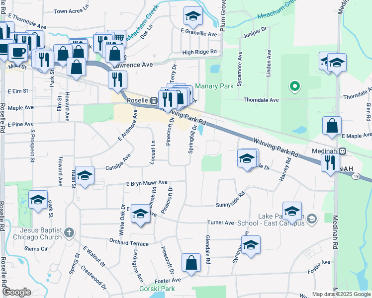 map of restaurants, bars, coffee shops, grocery stores, and more near 280 Springhill Drive in Roselle