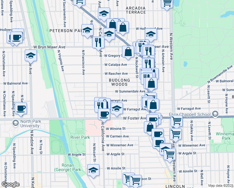 map of restaurants, bars, coffee shops, grocery stores, and more near 2709 West Summerdale Avenue in Chicago