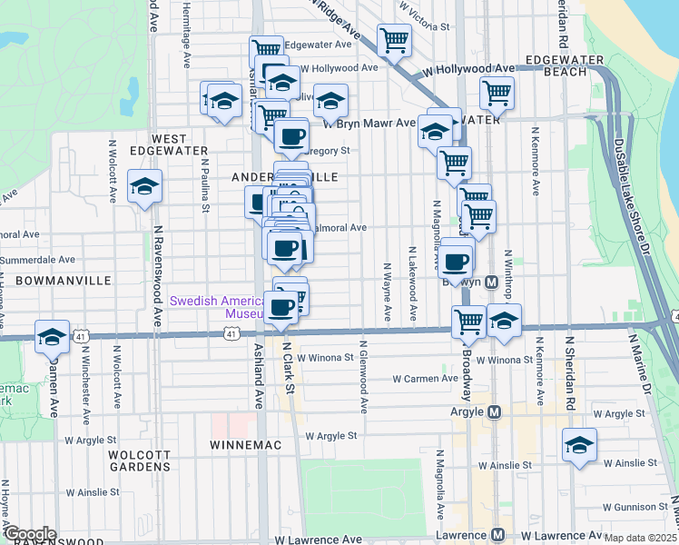 map of restaurants, bars, coffee shops, grocery stores, and more near 1426 West Berwyn Avenue in Chicago