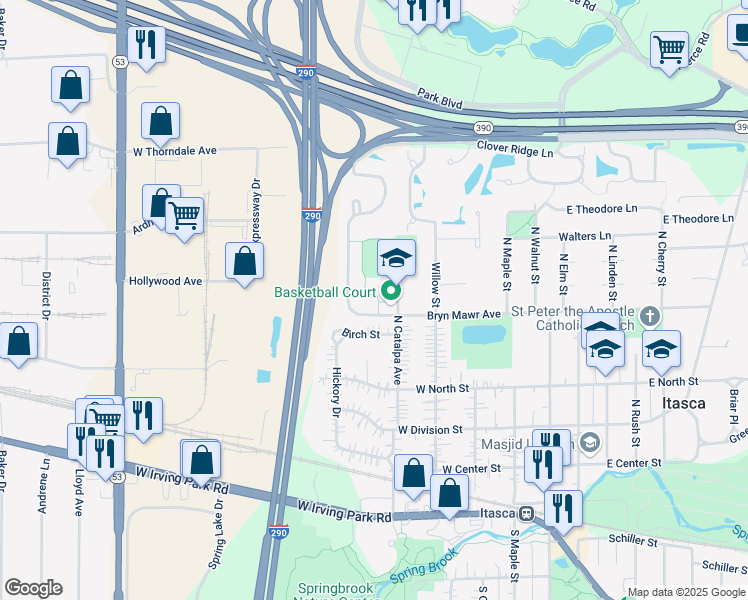 map of restaurants, bars, coffee shops, grocery stores, and more near 730 N Catalpa Avenue in Itasca