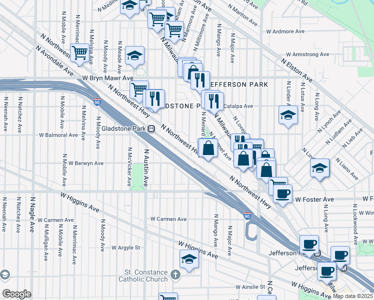 map of restaurants, bars, coffee shops, grocery stores, and more near 5400 North Northwest Highway in Chicago