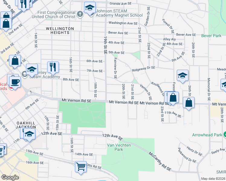 map of restaurants, bars, coffee shops, grocery stores, and more near 1901 8th Avenue Southeast in Cedar Rapids