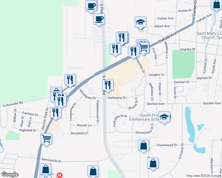 map of restaurants, bars, coffee shops, grocery stores, and more near 1340 Dekalb Ave in Sycamore