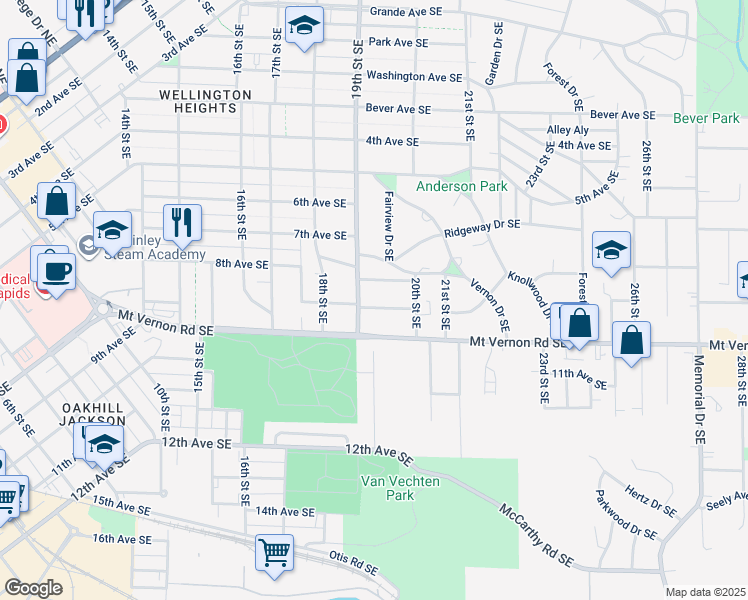 map of restaurants, bars, coffee shops, grocery stores, and more near 1901 8th Avenue Southeast in Cedar Rapids