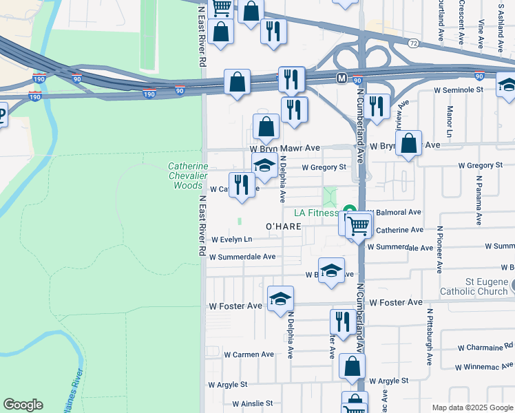 map of restaurants, bars, coffee shops, grocery stores, and more near 5441 North East River Road in Chicago