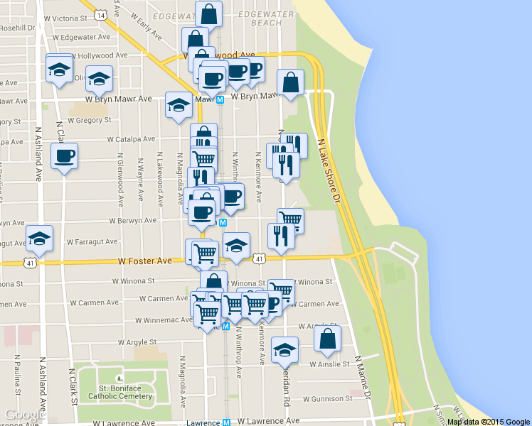 map of restaurants, bars, coffee shops, grocery stores, and more near 5318 North Sheridan Road in Chicago