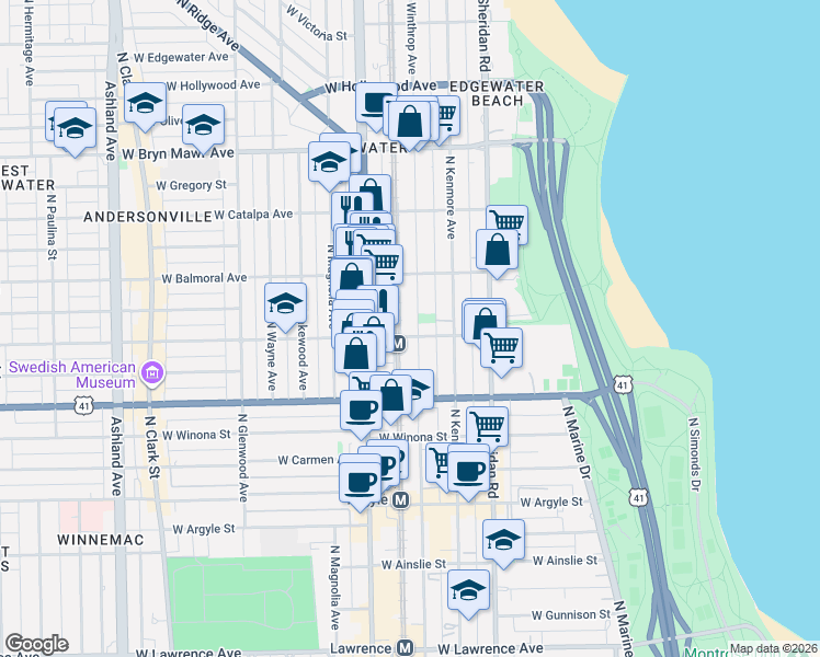 map of restaurants, bars, coffee shops, grocery stores, and more near 5326 North Winthrop Avenue in Chicago