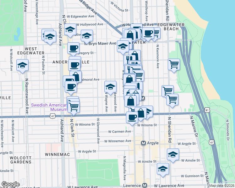 map of restaurants, bars, coffee shops, grocery stores, and more near 5326 North Magnolia Avenue in Chicago