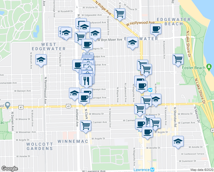 map of restaurants, bars, coffee shops, grocery stores, and more near 5329 North Glenwood Avenue in Chicago