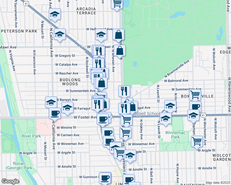map of restaurants, bars, coffee shops, grocery stores, and more near 5346 North Western Avenue in Chicago
