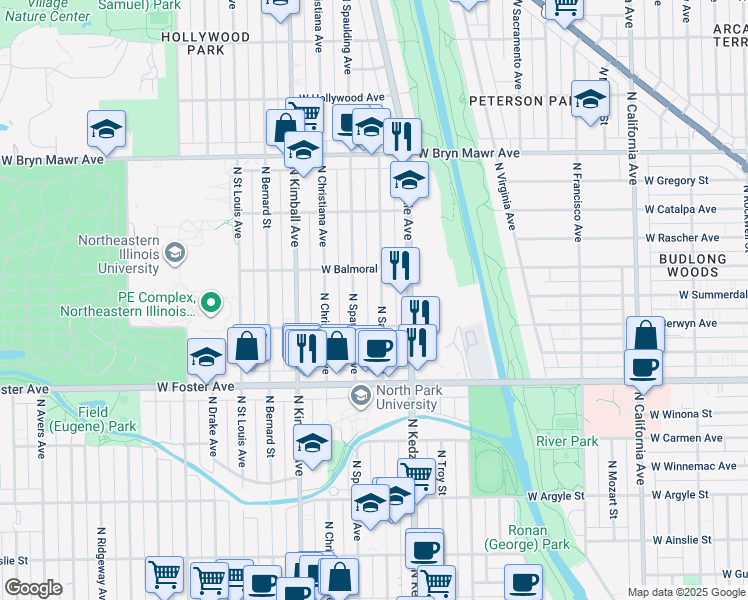 map of restaurants, bars, coffee shops, grocery stores, and more near 5349 North Spaulding Avenue in Chicago