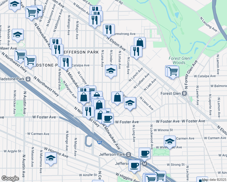 map of restaurants, bars, coffee shops, grocery stores, and more near 5356 North Lotus Avenue in Chicago