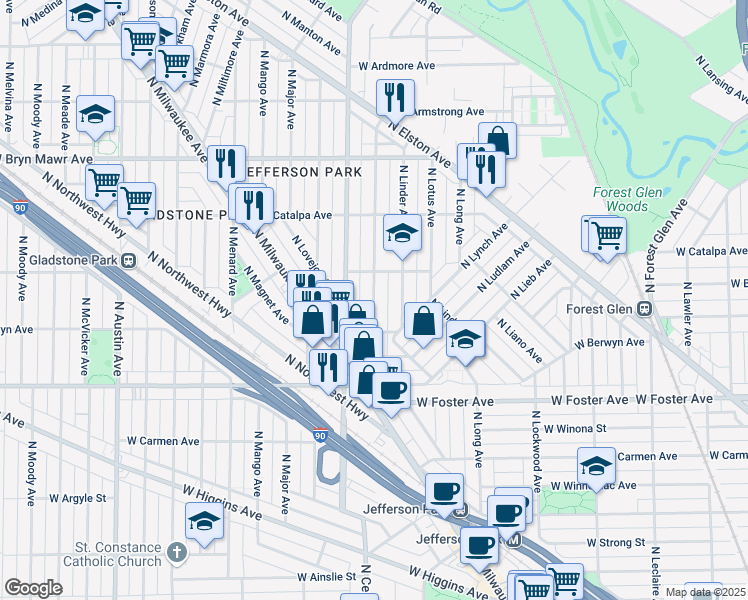 map of restaurants, bars, coffee shops, grocery stores, and more near 5354 North Linder Avenue in Chicago