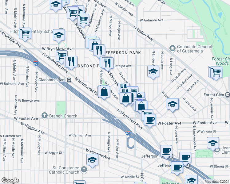 map of restaurants, bars, coffee shops, grocery stores, and more near 5390 North Milwaukee Avenue in Chicago